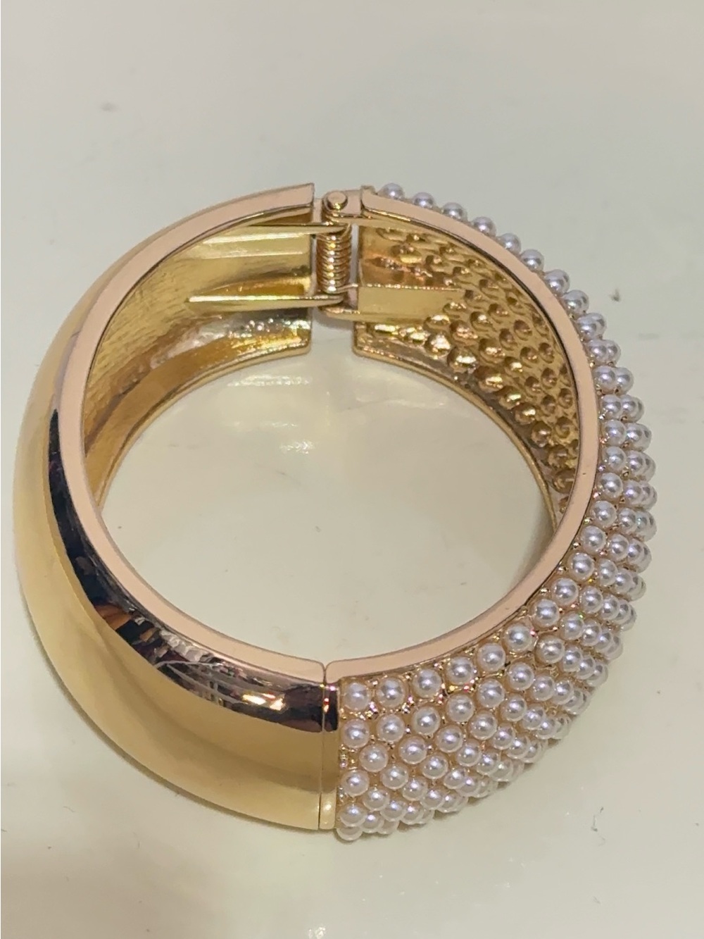 Gold Tone Faux Pearl Hinged Bangle Cuff Bracelet